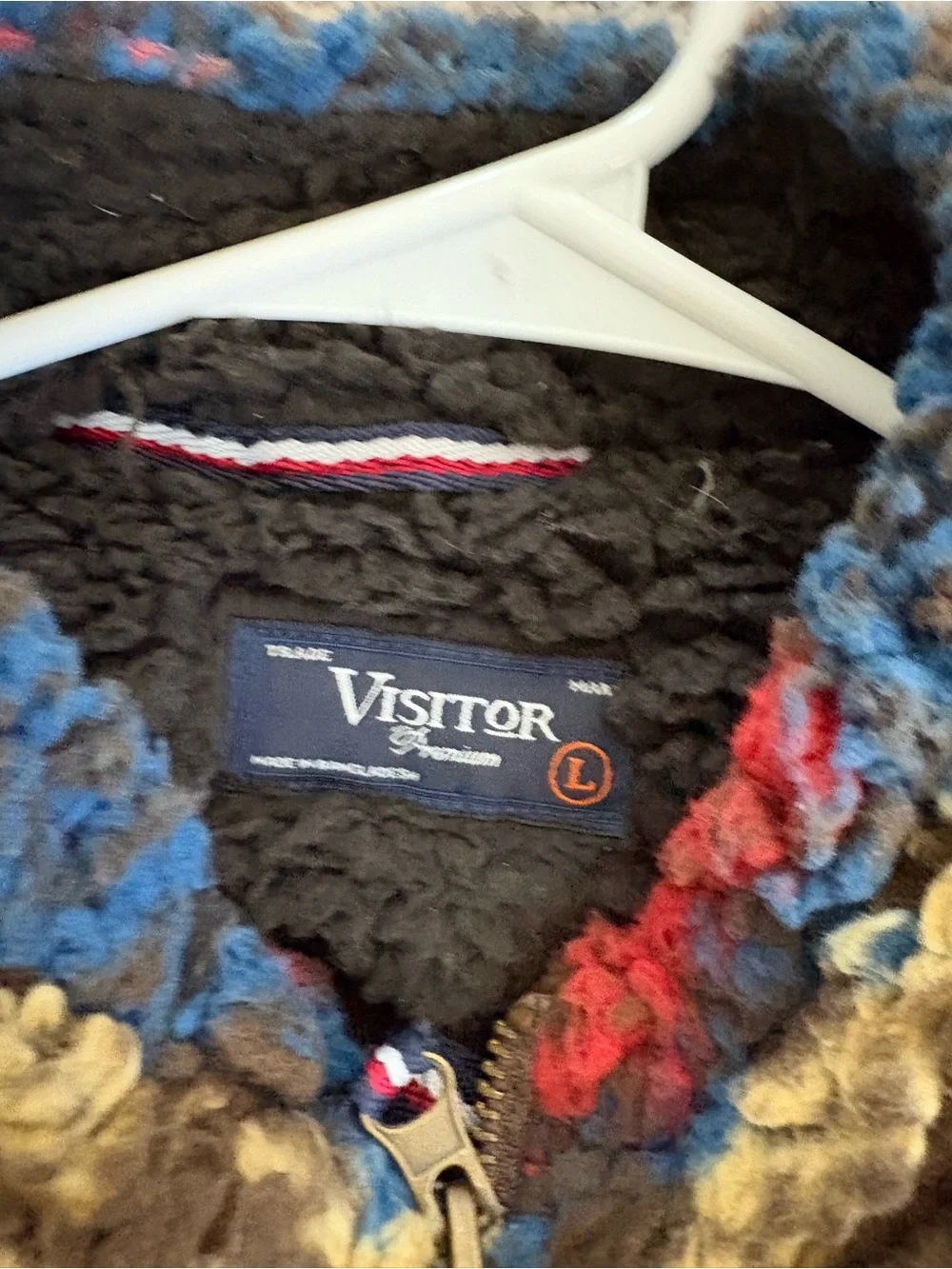 Visitor Cozy Patterned Half-Zip Sherpa Sweater - Brown/Blue/Red